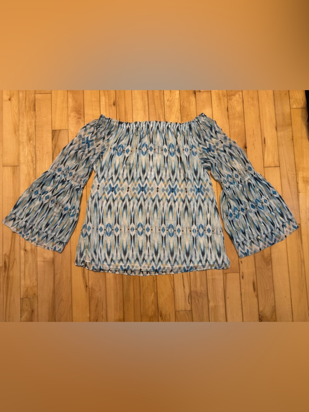 White House Black Market Off-Shoulder Blue Ikat Print Bell Sleeve Top Medium